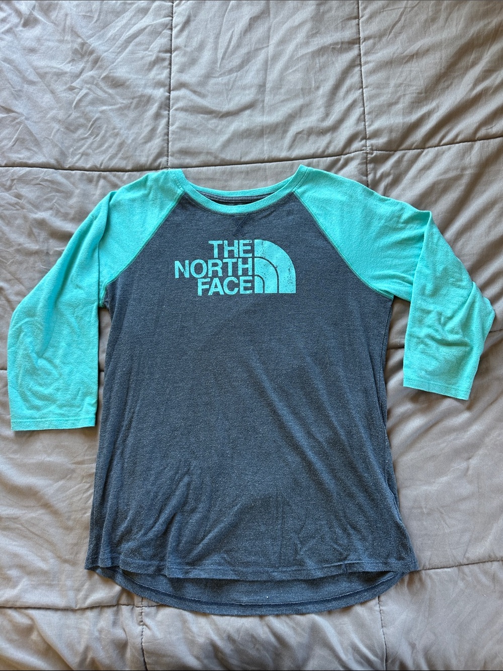The North Face Girls' Dark Gray Tee with Teal Raglan Sleeves